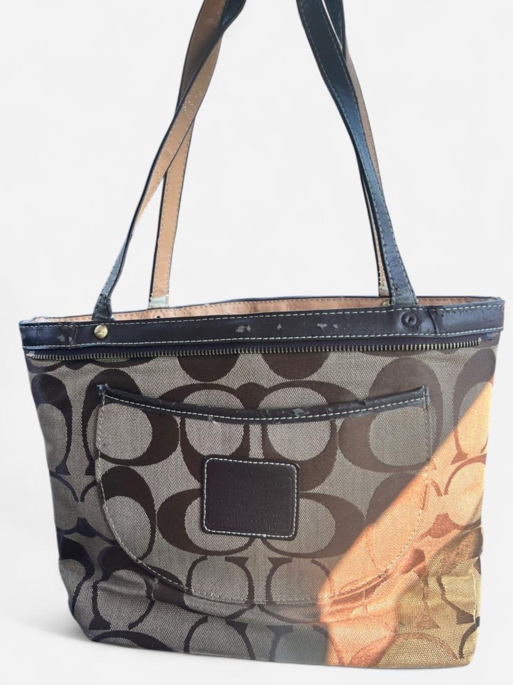 Coach Brown Signature Canvas Tote with Dark Brown Leather Trim